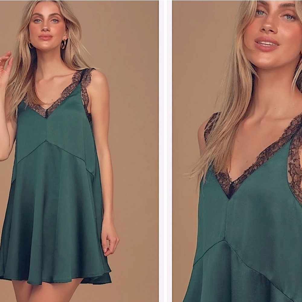 NWT • Lulus Forever My Love Emerald Green Satin Lace Sleeveless Swing Dress